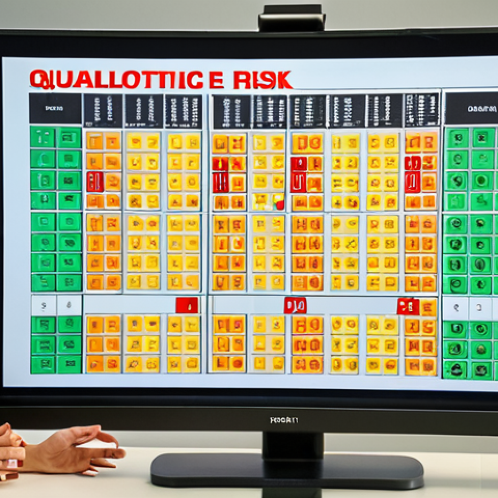 **

A risk matrix (2x2 grid) visually representing impact (low to high) and probability (low to high).  The quadrants are color-coded (green, yellow, orange, red) with icons representing different types of risks (e.g., a money bag for financial risk, a clock for schedule risk, a broken product for quality risk).  The matrix is presented on a large screen in a modern office setting with diverse team members discussing it. Focus should be on the collaborative atmosphere and the clear visualization of risks.

**