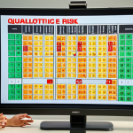 **

A risk matrix (2x2 grid) visually representing impact (low to high) and probability (low to high).  The quadrants are color-coded (green, yellow, orange, red) with icons representing different types of risks (e.g., a money bag for financial risk, a clock for schedule risk, a broken product for quality risk).  The matrix is presented on a large screen in a modern office setting with diverse team members discussing it. Focus should be on the collaborative atmosphere and the clear visualization of risks.

**