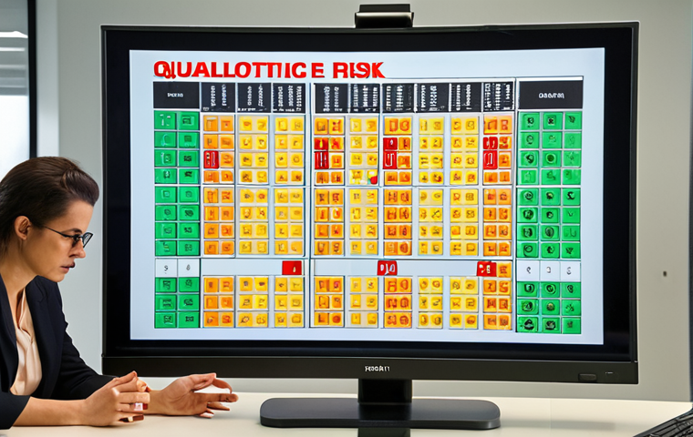 **
A risk matrix (2x2 grid) visually representing impact (low to high) and probability (low to high). The quadrants are color-coded (green, yellow, orange, red) with icons representing different types of risks (e.g., a money bag for financial risk, a clock for schedule risk, a broken product for quality risk). The matrix is presented on a large screen in a modern office setting with diverse team members discussing it. Focus should be on the collaborative atmosphere and the clear visualization of risks.
**