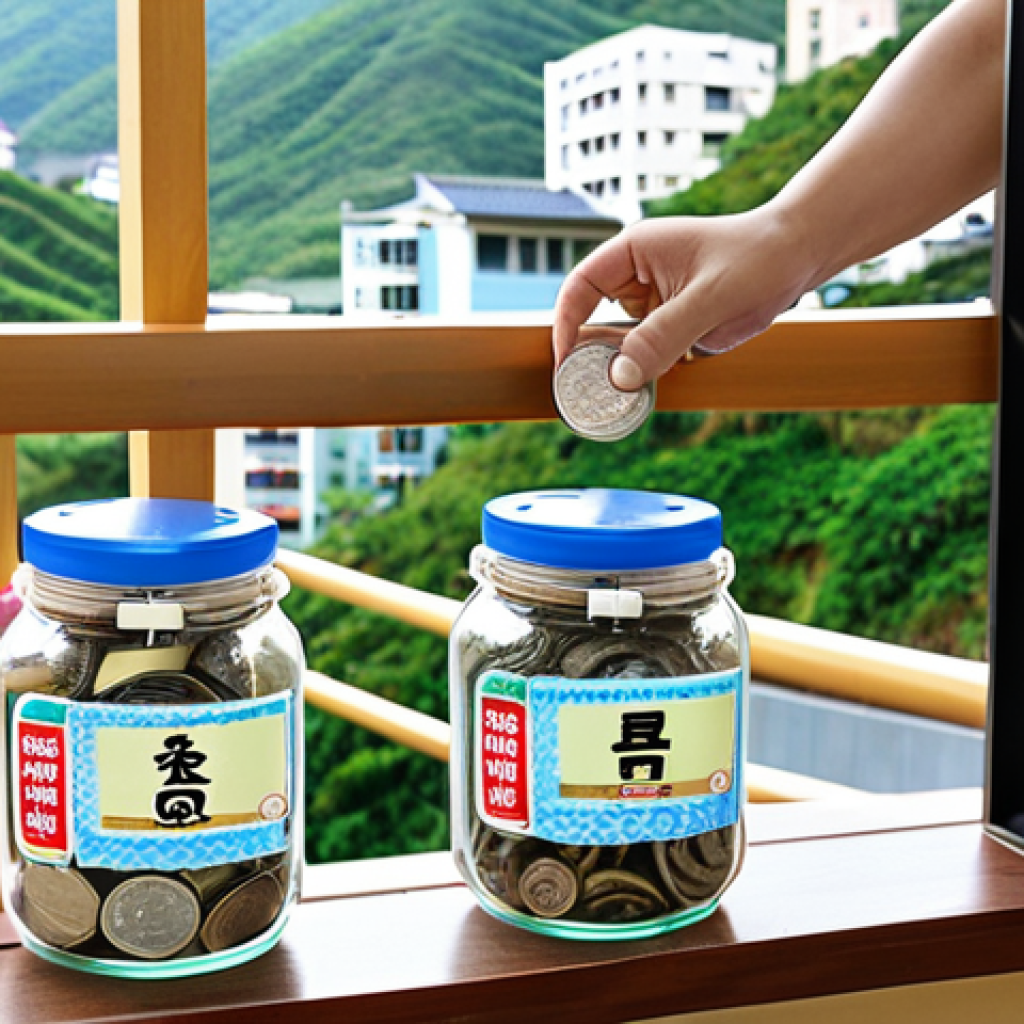 **

A person joyfully dropping Vietnamese Dong (VND) into clearly labeled glass jars or buckets representing different financial goals: "Mua Nha (Buy House)", "Du Lich Nhat Ban (Japan Trip)", "Quy Huu Tri (Retirement Fund)". The background shows a modern Vietnamese apartment building and a serene Japanese landscape. This evokes a sense of accomplishment and financial control.

**