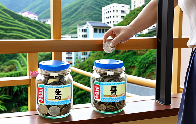 **
A person joyfully dropping Vietnamese Dong (VND) into clearly labeled glass jars or buckets representing different financial goals: "Mua Nha (Buy House)", "Du Lich Nhat Ban (Japan Trip)", "Quy Huu Tri (Retirement Fund)". The background shows a modern Vietnamese apartment building and a serene Japanese landscape. This evokes a sense of accomplishment and financial control.
**