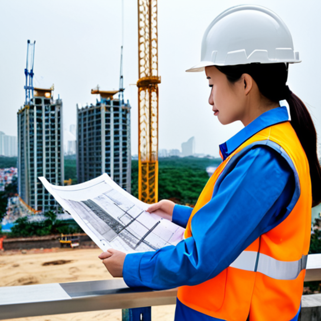 버킷 예산 시스템을 위한 효과적인 교육 자료 - "A professional female architect in a hard hat and fully clothed in work attire, reviewing blueprint...