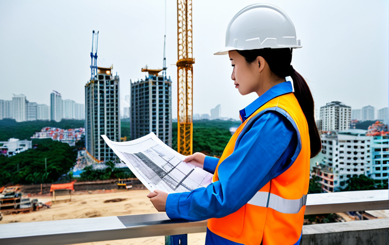 버킷 예산 시스템을 위한 효과적인 교육 자료 - "A professional female architect in a hard hat and fully clothed in work attire, reviewing blueprint...