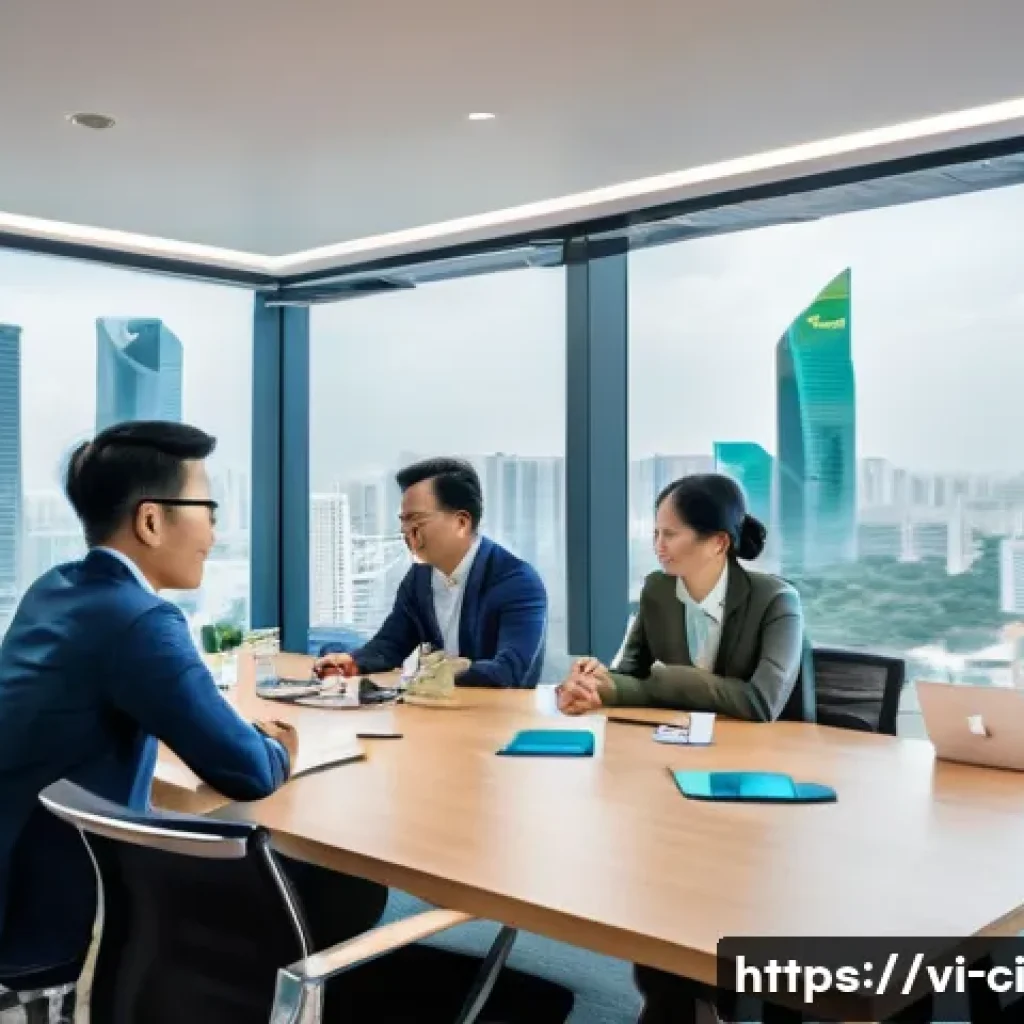 버킷 예산 시스템을 위한 커뮤니케이션 전략 - A modern Vietnamese office scene showing a diverse team of employees gathered around a conference ta...