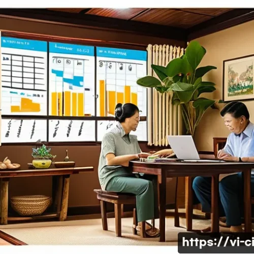 버킷 예산 시스템을 통해 목표 관리하기 - A detailed illustration of a Vietnamese family sitting around a wooden table, actively managing thei...