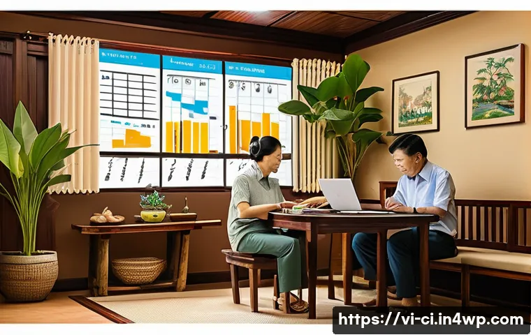 버킷 예산 시스템을 통해 목표 관리하기 - A detailed illustration of a Vietnamese family sitting around a wooden table, actively managing thei...