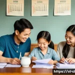 Home 20 버킷 예산 시스템으로 재정 목표 수립하기 - A modern Vietnamese family sitting around a wooden dining table in a cozy, sunlit living room, caref...
