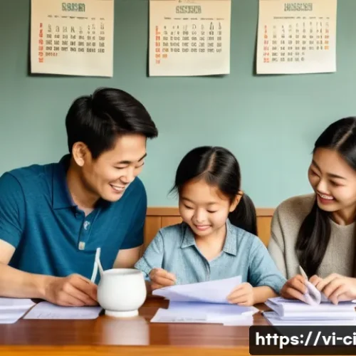 Home 32 버킷 예산 시스템으로 재정 목표 수립하기 - A modern Vietnamese family sitting around a wooden dining table in a cozy, sunlit living room, caref...