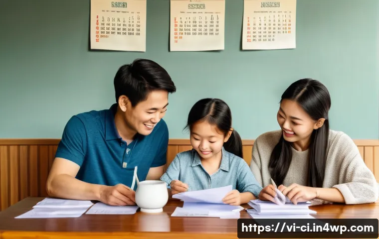 버킷 예산 시스템으로 재정 목표 수립하기 - A modern Vietnamese family sitting around a wooden dining table in a cozy, sunlit living room, caref...