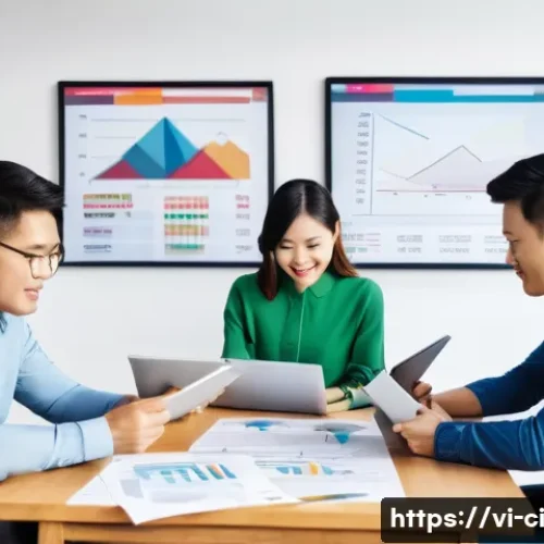 Home 31 버킷 예산 시스템 관리의 프레임워크 구축 - A modern Vietnamese small business office scene showing a diverse group of professionals actively di...