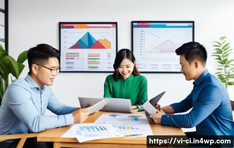 버킷 예산 시스템 관리의 프레임워크 구축 - A modern Vietnamese small business office scene showing a diverse group of professionals actively di...