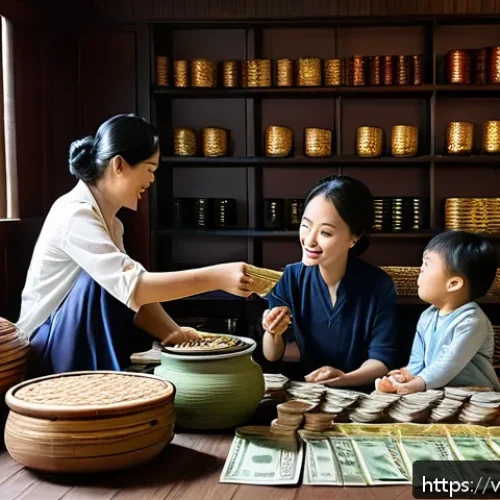 Home 30 버킷 예산 시스템과 개인 금융 관리의 통합 - A cozy Vietnamese home interior scene showing a family budgeting session around a wooden table, with...