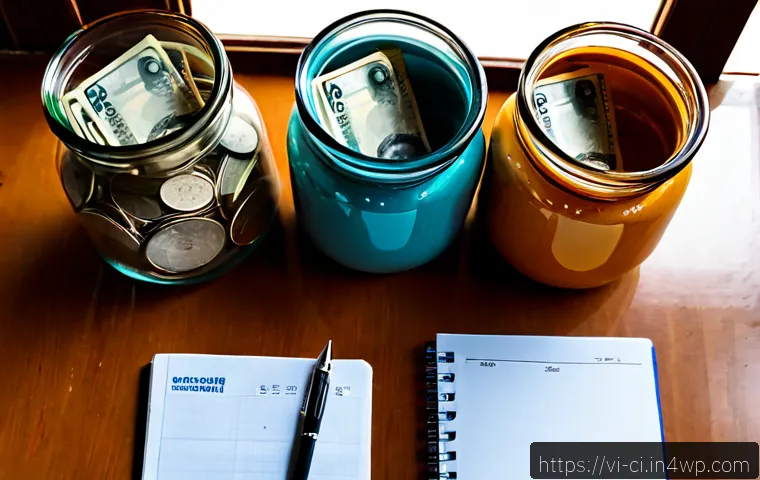 Home 17 버킷 예산 시스템으로 부채 관리하기 - Photorealistic overhead view of a Vietnamese household budget planning desk, five simple unlabeled c...